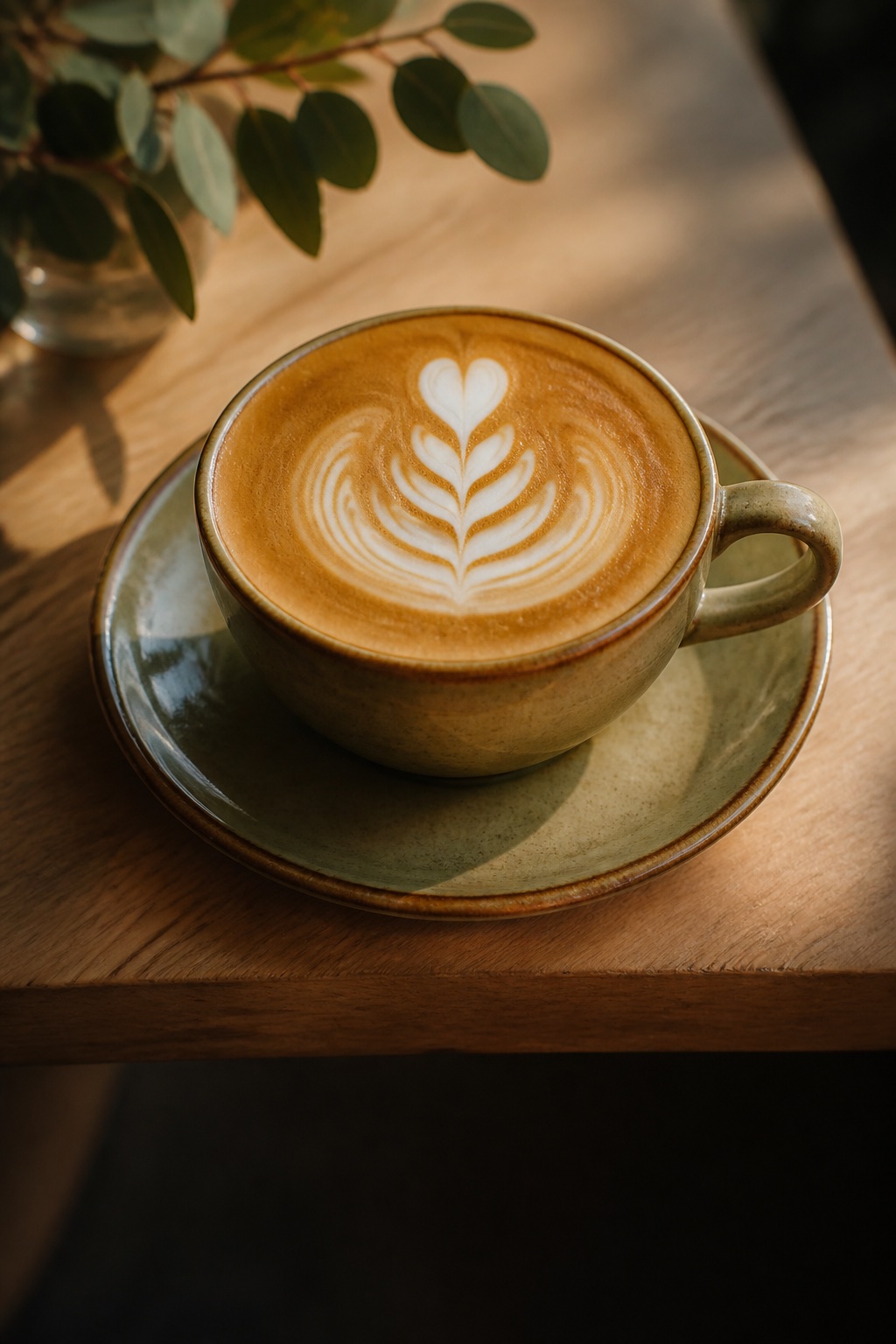 Flat white with rosetta latte art in warm Australian morning light